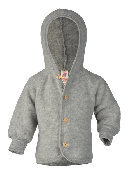 ENGEL WOOL FLEECE HOODED JACKET | BABY-GREY MELANGE FLEECE-74/80 (6-12m)-HOODED JACKET WOODEN BUTTONS-YOOKI