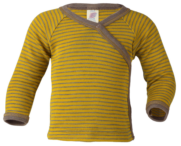 ENGEL WOOL SHIRTS LONG-SLEEVE | BABY & YOUTH-SAFFRON & WALNUT STRIPE Wool Silk Blend-SHOULDER BUTTONS-MOTHER OF PEARL-62/68 (3-6m)-YOOKI