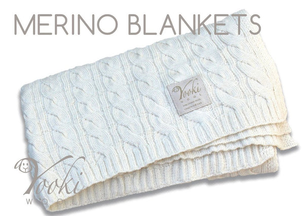 Oops! & Clearance Items-CABLE BLANKET MERINO WOOL-NATURAL (mw) Cable-knit USA very faint sun fading along one fold-YOOKI